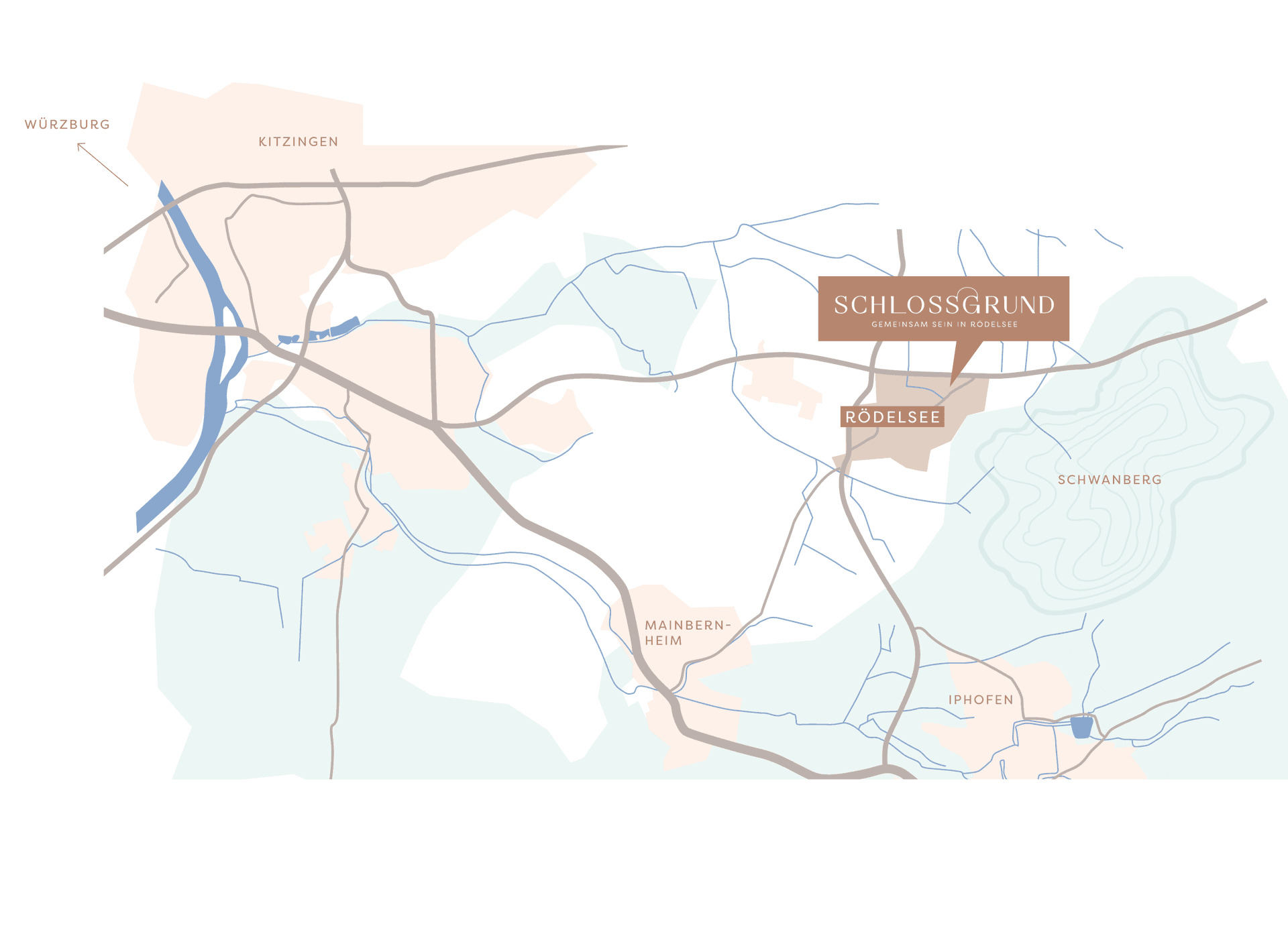 Karte der Region rund um Rödelsee mit Würzburg, Kitzingen, Mainbernheim, Iphofen und dem Schwanberg. Der Schlossgrund liegt zentral in Rödelsee.